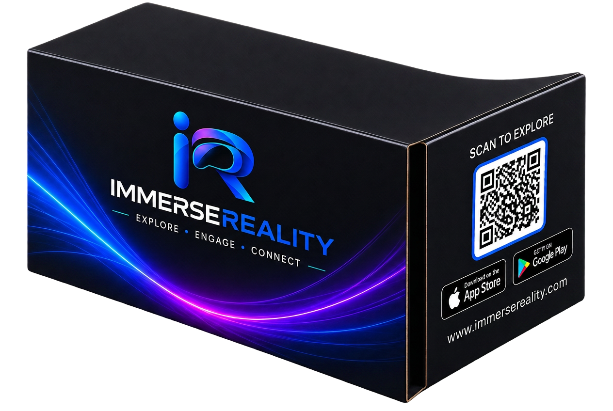 Assembled branded ImmerseReality cardboard VR viewer with twin lenses, the iR logo and a Scan to Explore QR code.